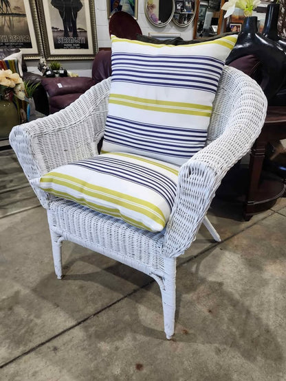 White Wicker Chair with Striped Cushions