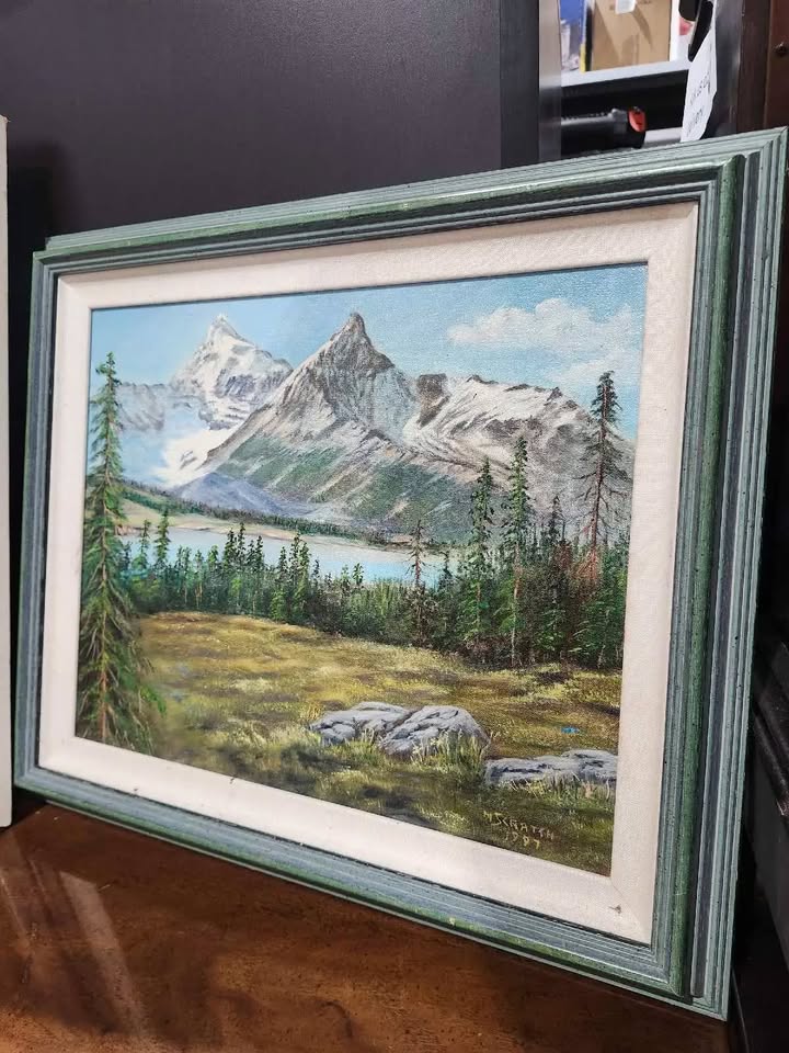 Framed Rocky Mountain Landscape Oil Painting