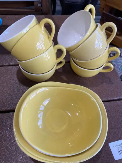 Vintage Medicine Hat Pottery Blue/Yellow Ceramic Dishes – 19 pc