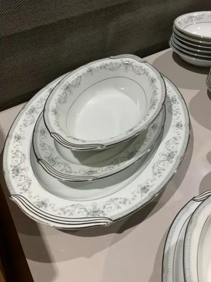 Beautiful 35 piece Blue Floral and Silver China Dinnerware Set