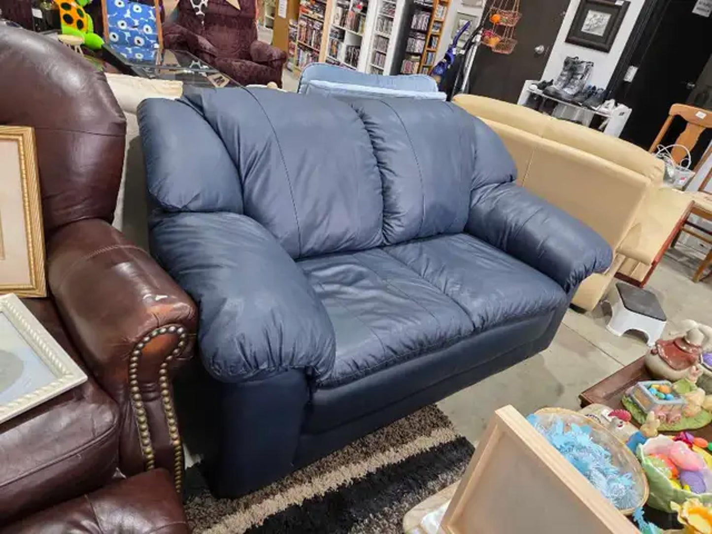 Navy Blue Leather Loveseat