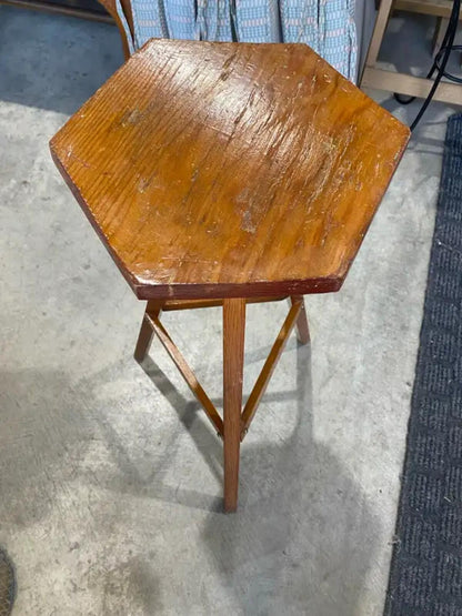 Vintage Style Hexagonal Wood Side Table | Tripod Plant