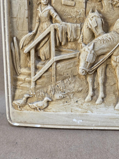 Vintage French Bas-Relief Wall Plaque “Départ pour les champs” Chalkware France