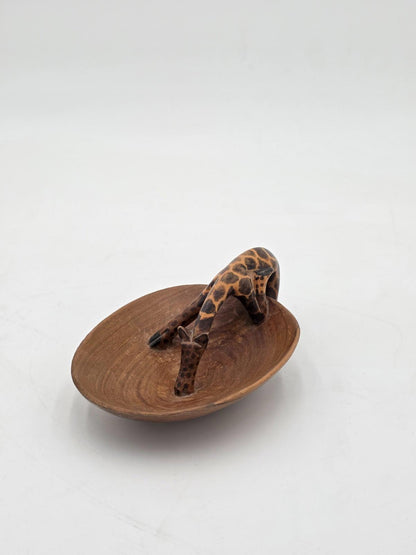 African Art Hand Carved Wood Bowl Giraffe Drinking Jewlery Ring Trinket Dish
