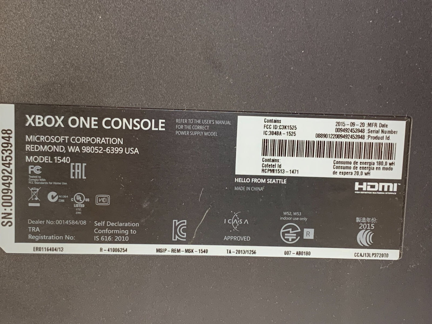 XBOX ONE CONSOLE MODEL 1540
