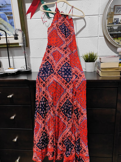 Superdry Long Red Mix Summer Dress With Tie Straps Size 4