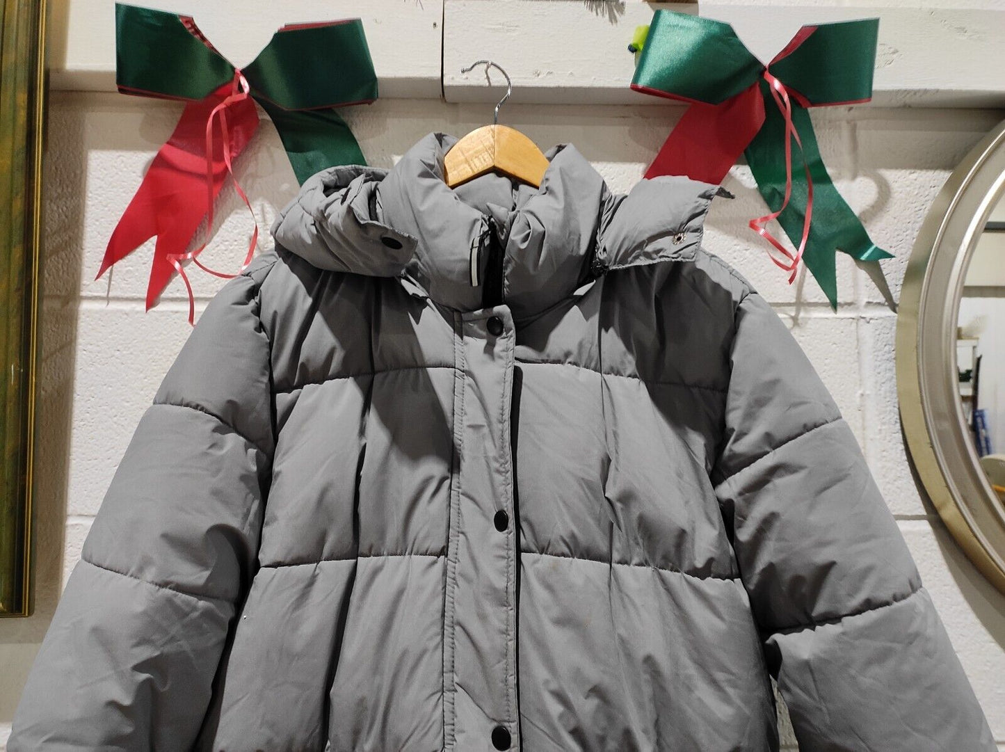 George Grey Hooded Pockets Long Sleeves Puffer Coat Jacket Size-XL