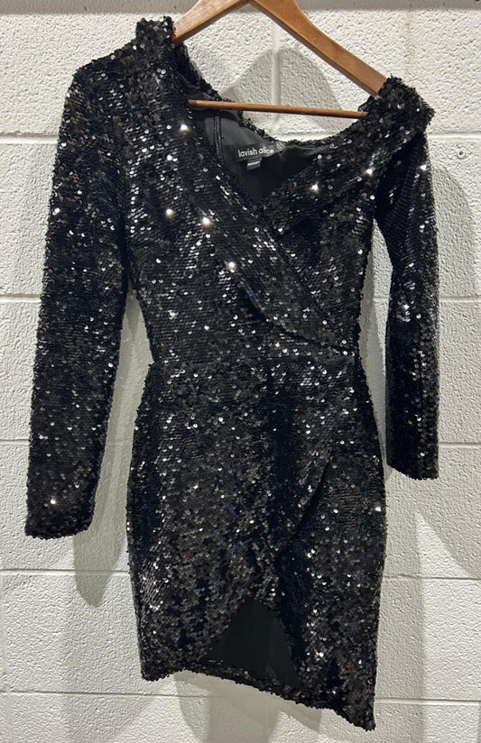 Lavish Alice MAYA Velvet Sequin Asymmetric Mini Dress in Black SIze S