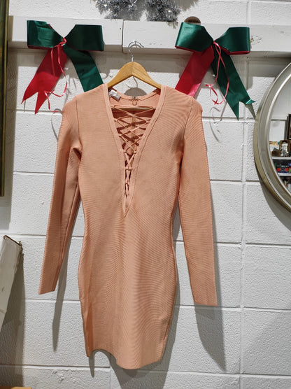 House of CB Peach Pink Lace Front Reyna Bandage Mini Dress M