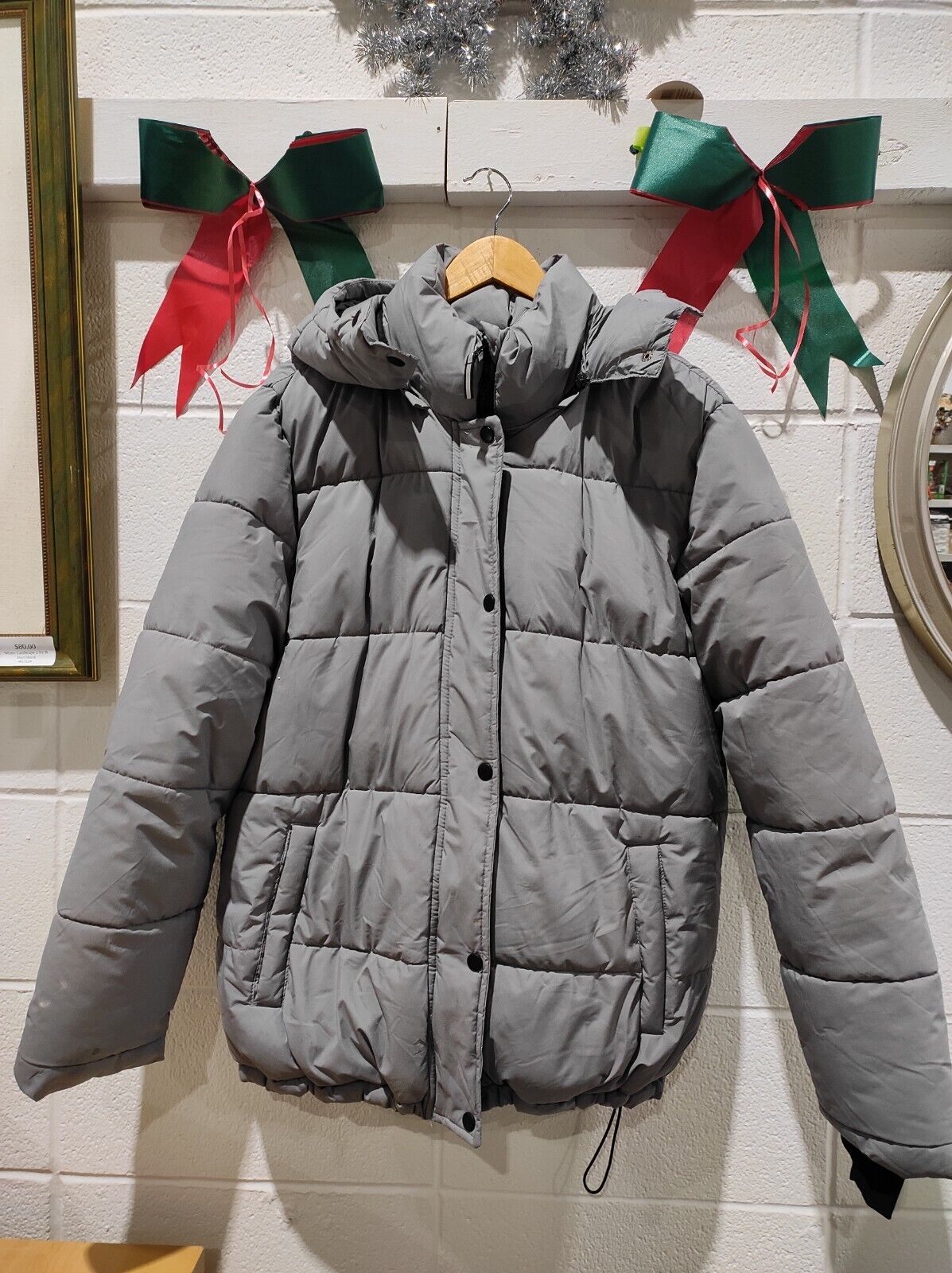 George Grey Hooded Pockets Long Sleeves Puffer Coat Jacket Size-XL