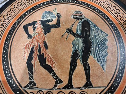 Vintage Red Clay Pottery Plate 13"W Hand-painted Music & Dance Made in Greece