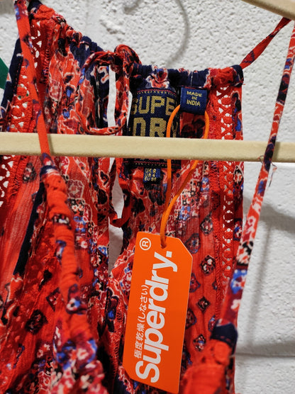 Superdry Long Red Mix Summer Dress With Tie Straps Size 4