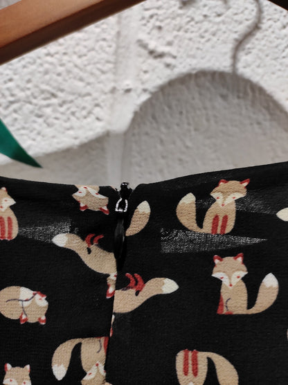 Gold Kid London Dress Women's Black Fox Print Size US- 6 Waist Lined