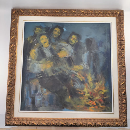 Original Painting Framed & Signed Accordion Player Around a Fire 2000