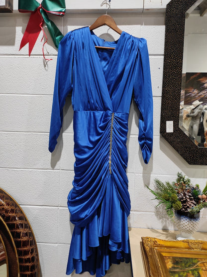 Vintage 1980's Algo Boutique Blue Rouched Rhinestone Dress Women's Size 7