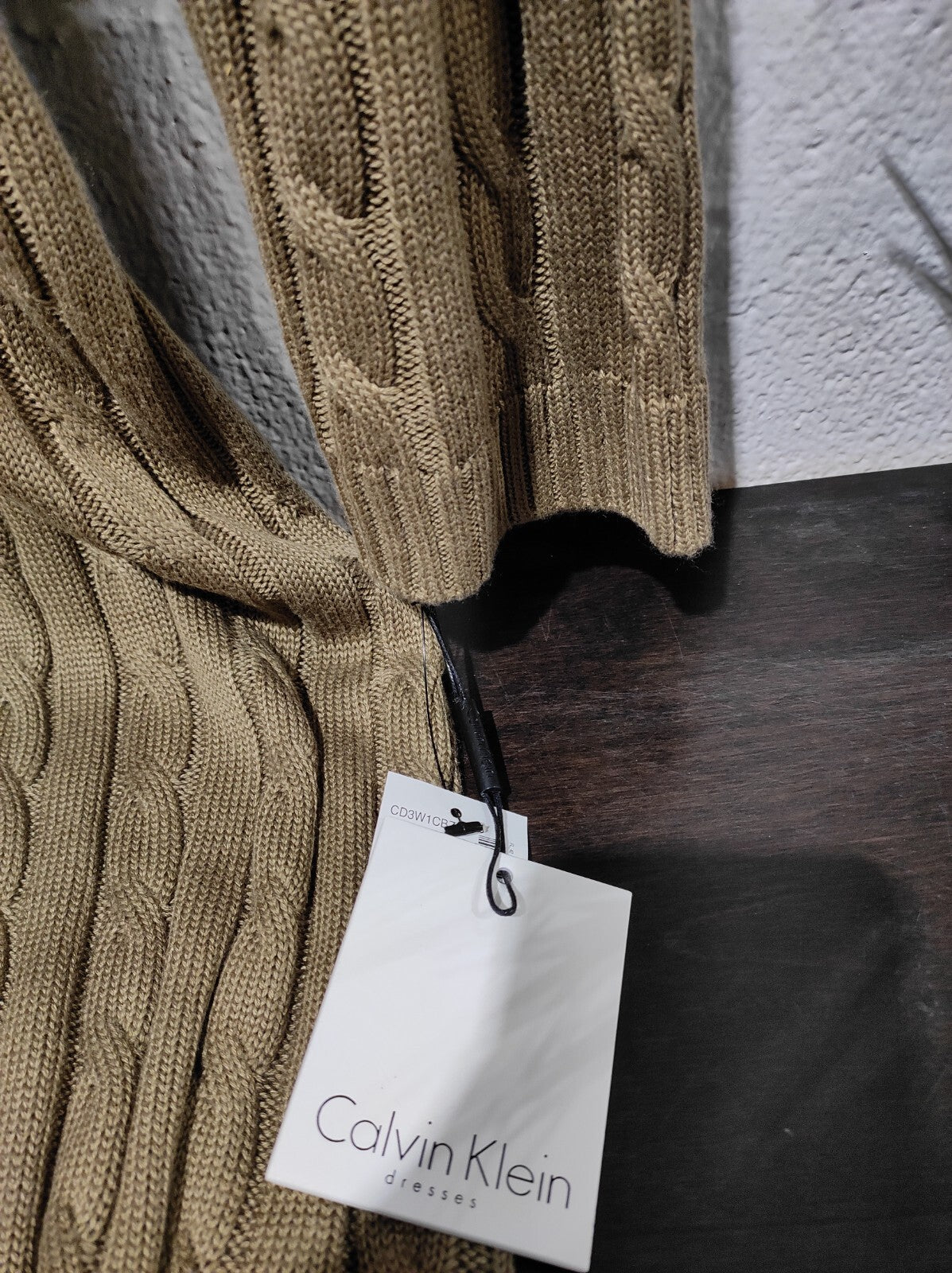 NWT Calvin Klein Women M Cable Knit Sweater Dress Taupe Shawl Collar Buckle