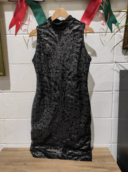 NWT Le-Chateau black and brown sparkly gold glitter halter dress size M