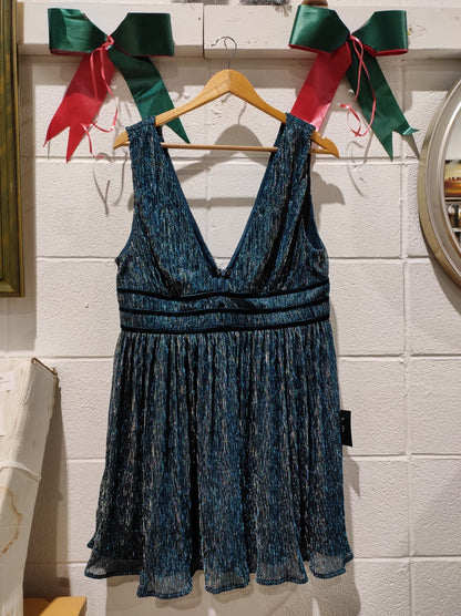 NWT Lulus Smokeshow Teal Metallic Mini Dress Skater Cocktail Party Size XL