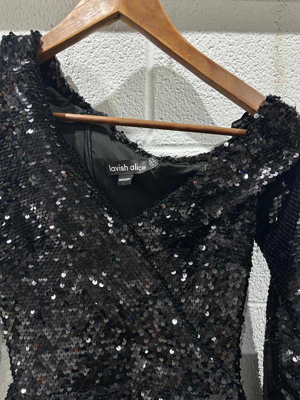 Lavish Alice MAYA Velvet Sequin Asymmetric Mini Dress in Black SIze S