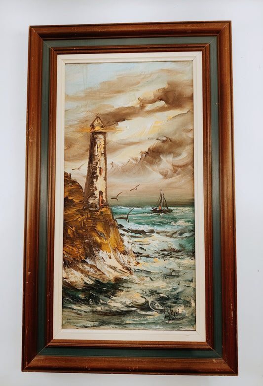 Harold Lyon Painting Seascape with Lighthouse 15" x 25" Signed and Framed
