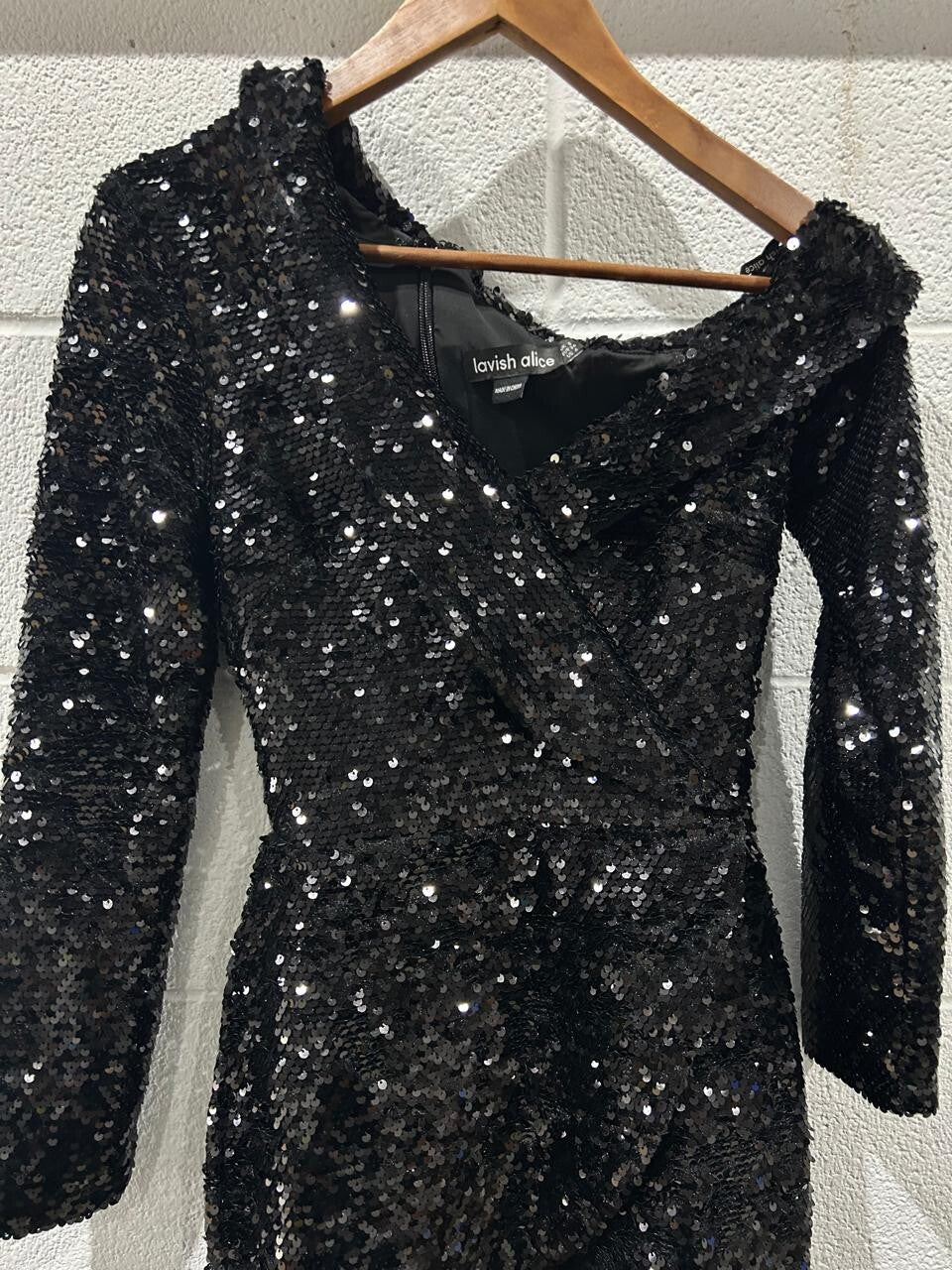 Lavish Alice MAYA Velvet Sequin Asymmetric Mini Dress in Black SIze S