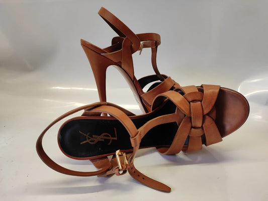 YSL Yves Saint Laurent smooth leather sandals toffee brown stiletto Size-38