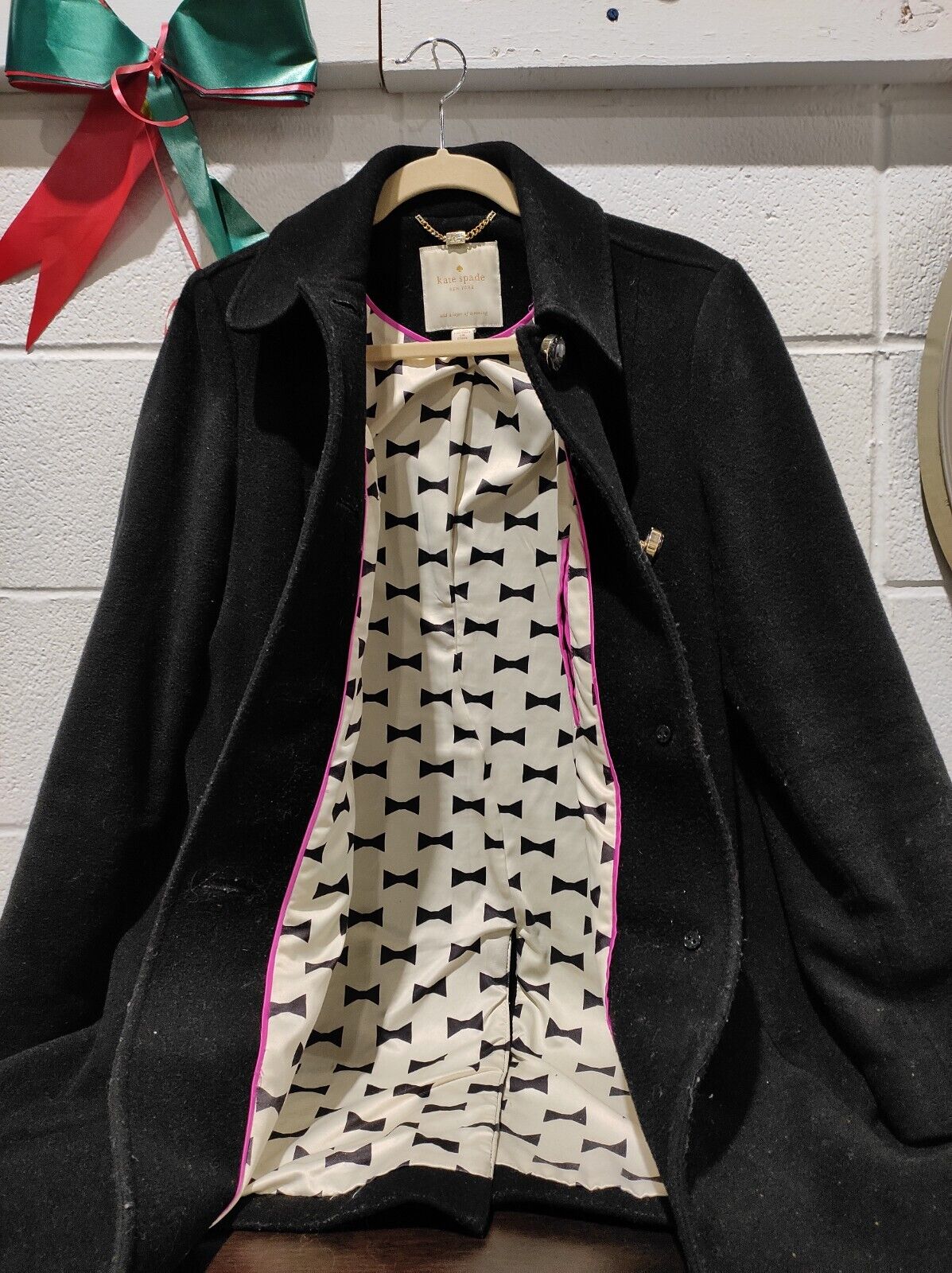 Kate Spade Black Wool Blend Coat w/ Bow Pockets Size- L