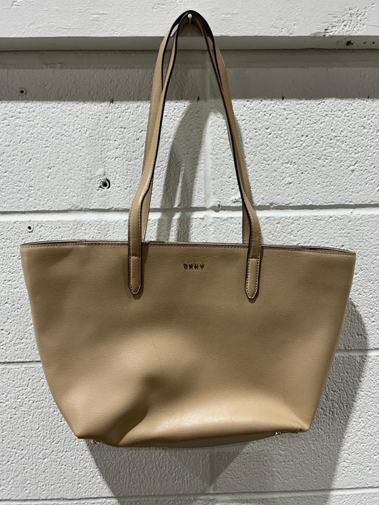 DKNY Tan Saffiano Leather Zippered Structured Tote Shoulder Bag Purse