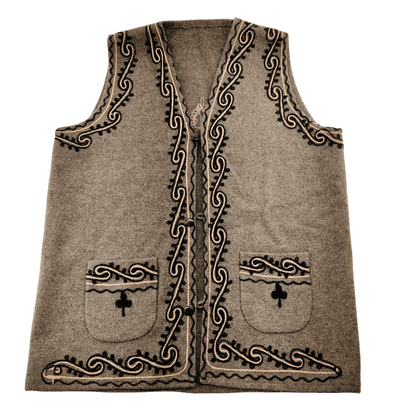 Handmade Grey Embroidered Wool Vest Eclectic Boho Style