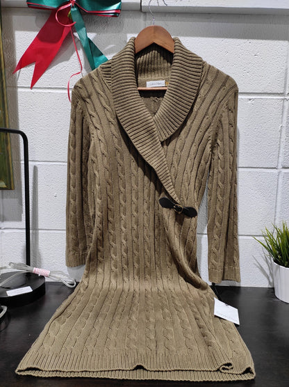 NWT Calvin Klein Women M Cable Knit Sweater Dress Taupe Shawl Collar Buckle
