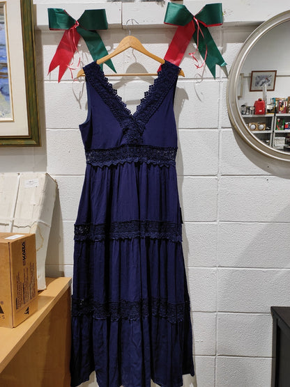 Lulus Size XL Dress Women's Blue Navy Lace Ruffled Tiered Maxi Molinetto