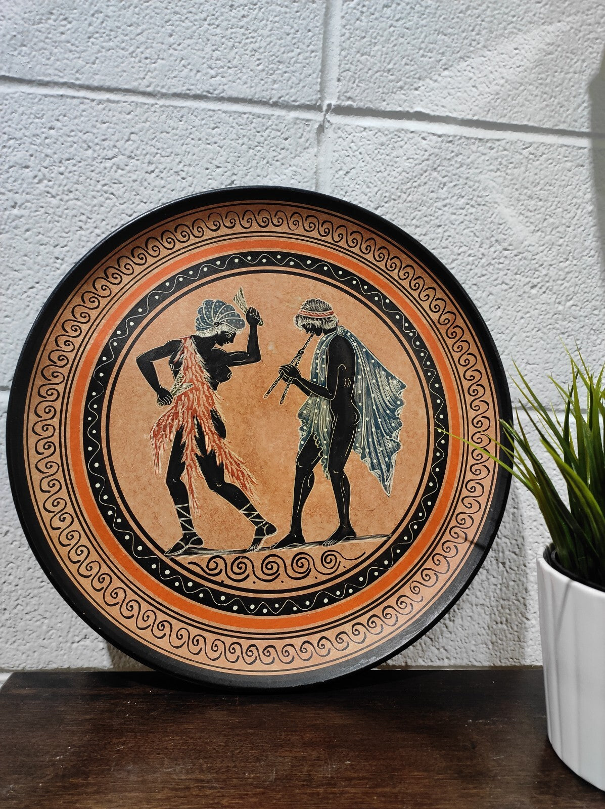 Vintage Red Clay Pottery Plate 13"W Hand-painted Music & Dance Made in Greece