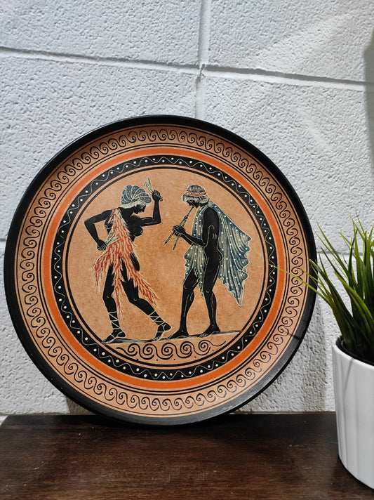 Vintage Red Clay Pottery Plate 13"W Hand-painted Music & Dance Made in Greece