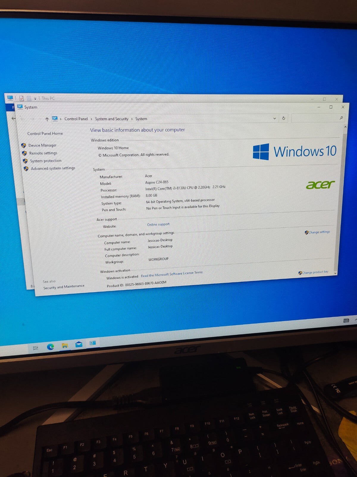 Acer Aspire C24-865 24" Windows 10 Home Intel i3 - 8GB RAM 1TB SSD