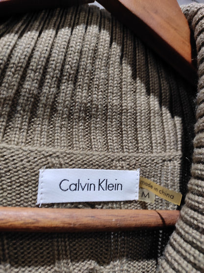 NWT Calvin Klein Women M Cable Knit Sweater Dress Taupe Shawl Collar Buckle