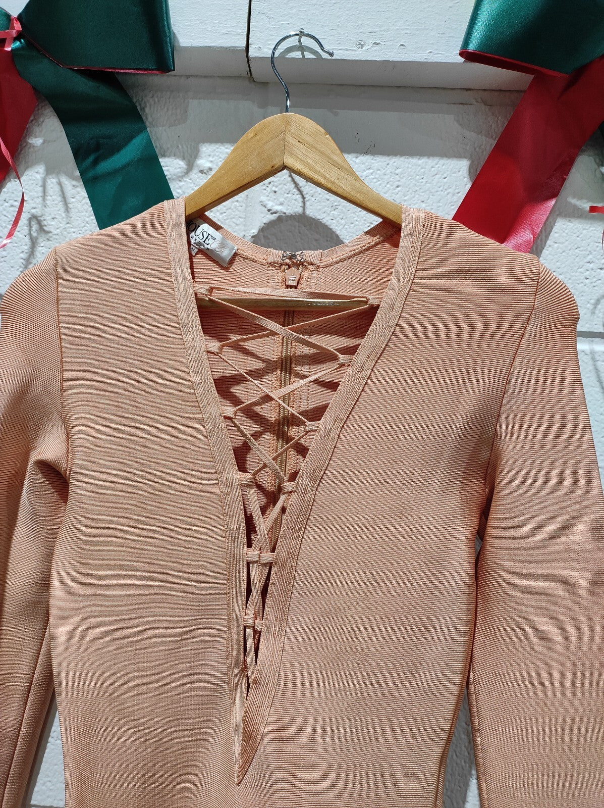 House of CB Peach Pink Lace Front Reyna Bandage Mini Dress M
