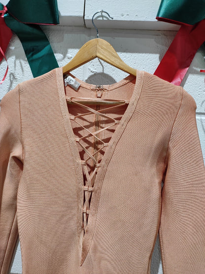 House of CB Peach Pink Lace Front Reyna Bandage Mini Dress M
