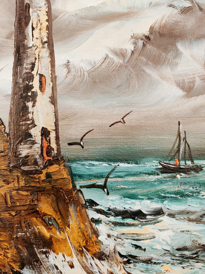 Harold Lyon Painting Seascape with Lighthouse 15" x 25" Signed and Framed