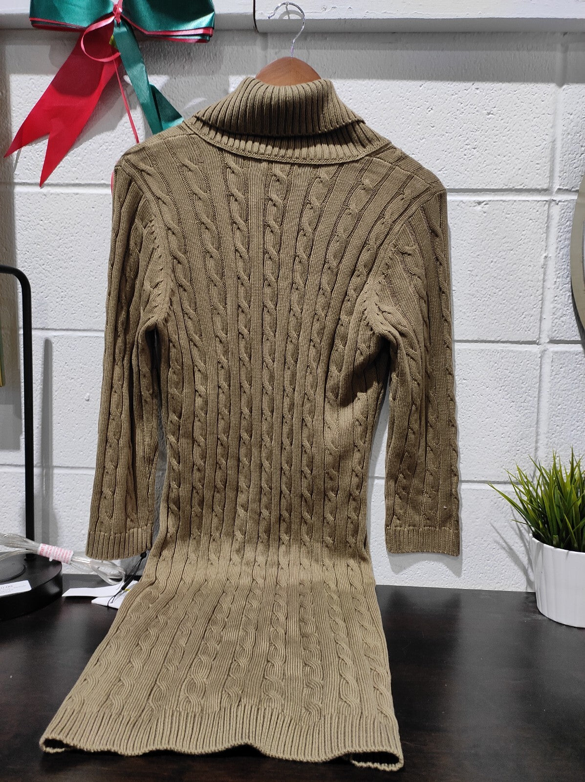 NWT Calvin Klein Women M Cable Knit Sweater Dress Taupe Shawl Collar Buckle