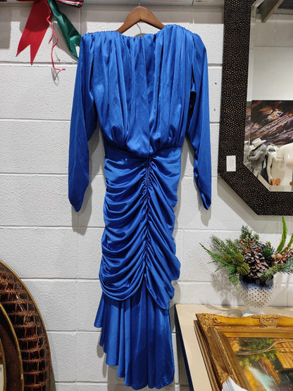 Vintage 1980's Algo Boutique Blue Rouched Rhinestone Dress Women's Size 7