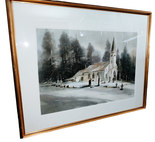 Harry Heine Large Watercolour Painting Church in Snow Scene Signed and Framed