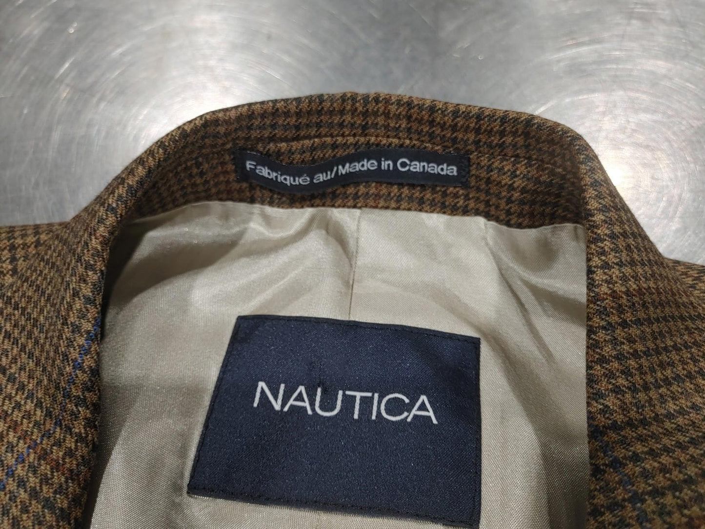 Excellent Condition Nautica 100% Wool Men's Plaid Brown Suit Jacket Chest 24in