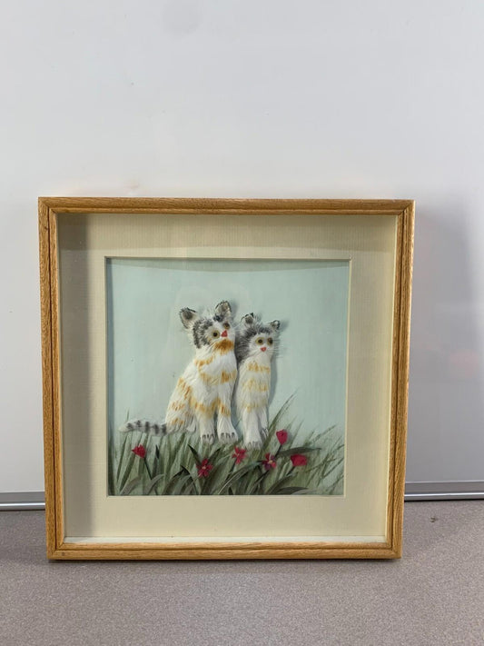 Vintage Feathered Art Cat Kittens 3D Framed Feather Art