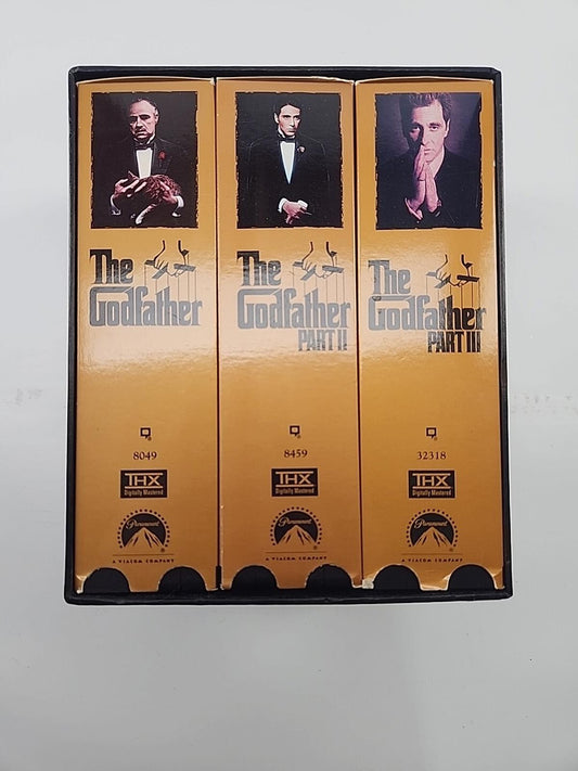 The Godfather Trilogy Part I II and III VHS boxed sets include 6 tapes.