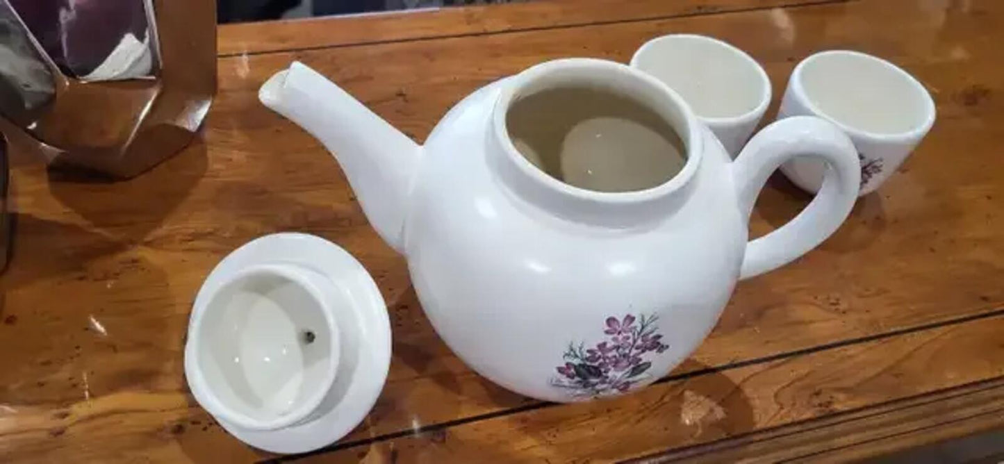 Porcelain Teapot and Tea Cups Set of 3 With Pink Florals