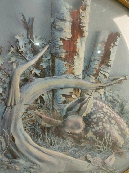 Vintage 1970's Cut Paper Diorama of Fawn in the Woods with by Harry J Moeller