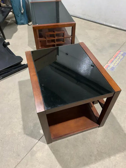 Wooden Black Glass Top End Table with geometric design