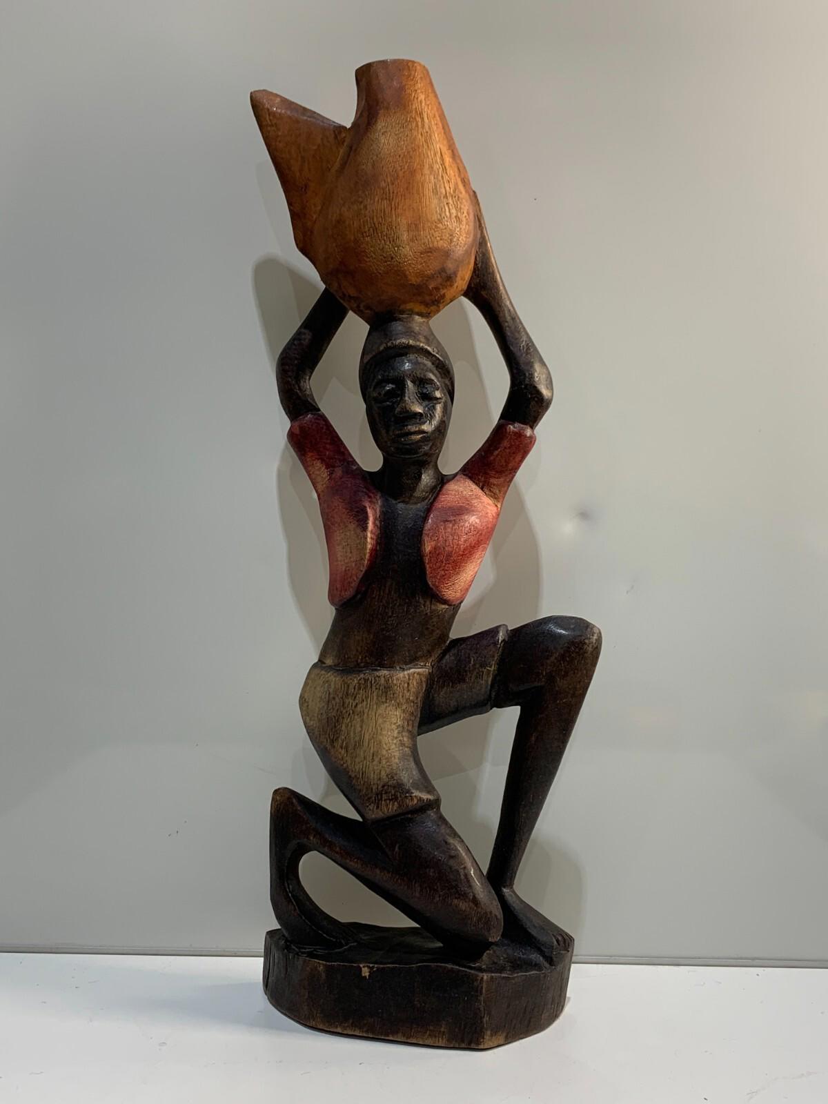 Vintage Hand Carved Wood Figure of Kneeling African Native Woman Holding Basket