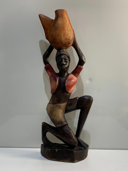 Vintage Hand Carved Wood Figure of Kneeling African Native Woman Holding Basket