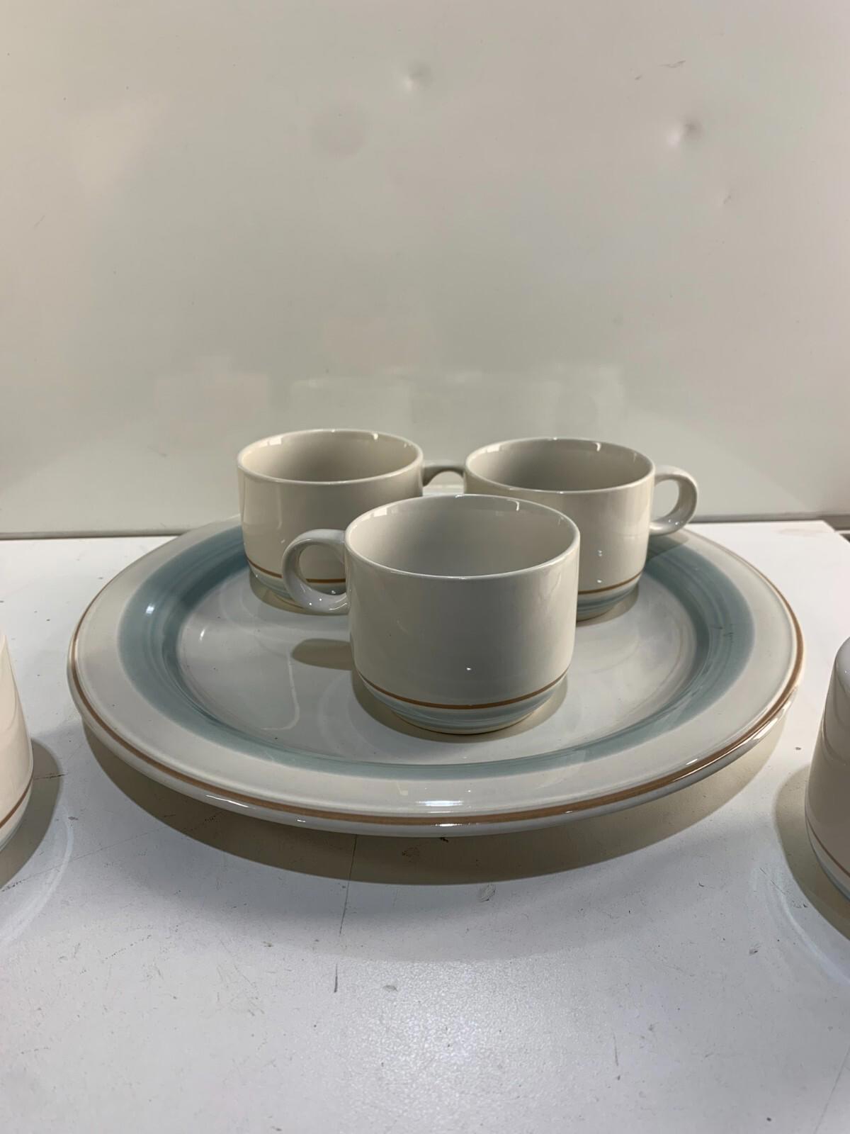 Vintage Genuine Stoneware Country Morn Coffee Cups, Creamer, Sugar Bowl & Plate